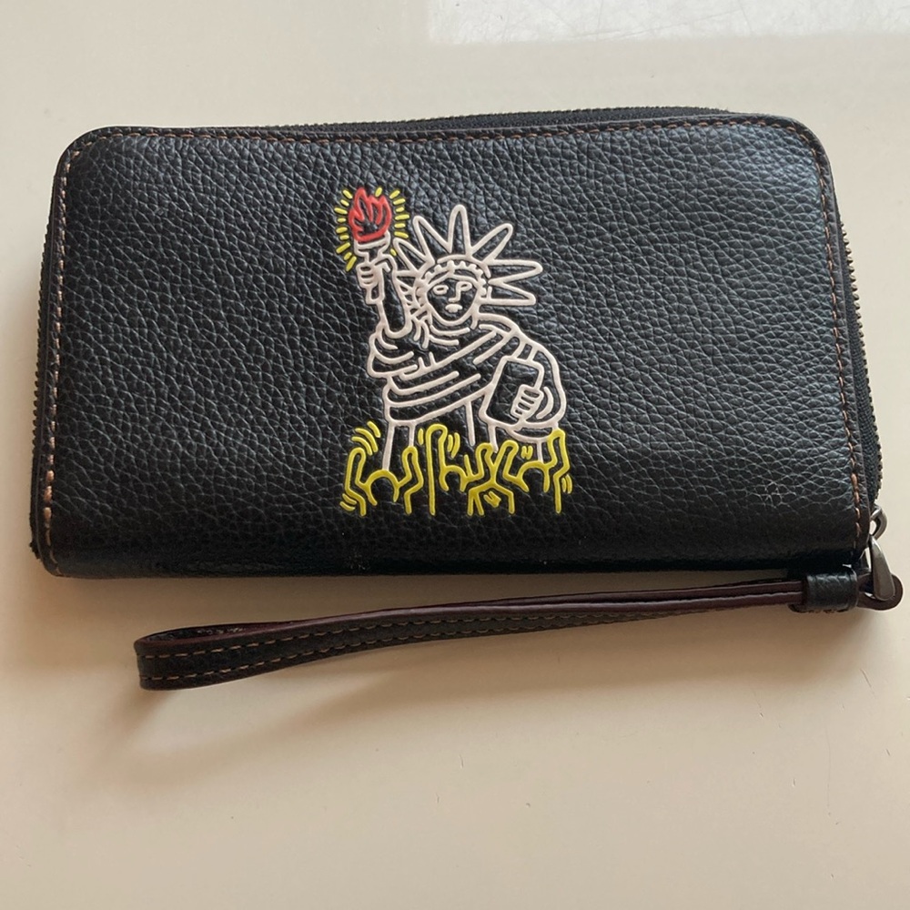 COACH x Keith Haring, leather zip pouch wallet wristlet.